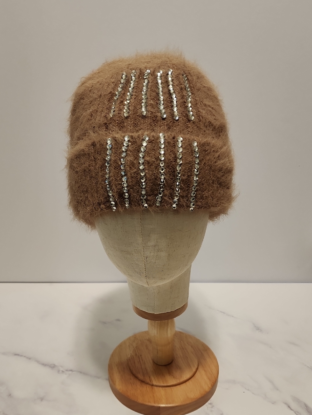 Brown Sequin-Embellished Beanie Winter Hat